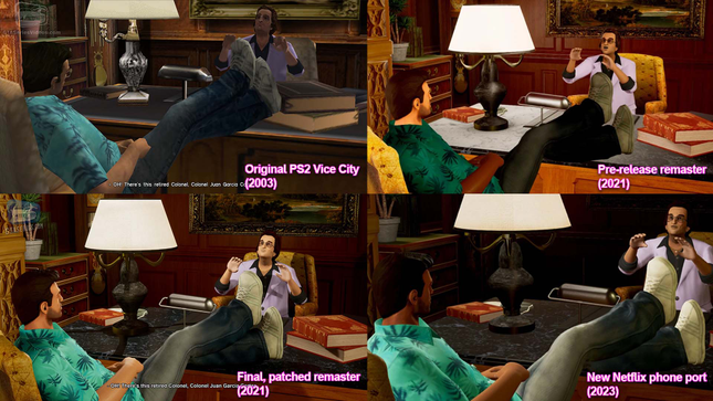 Eine Bildcollage, die verschiedene Versionen von GTA Vice City vergleicht. 